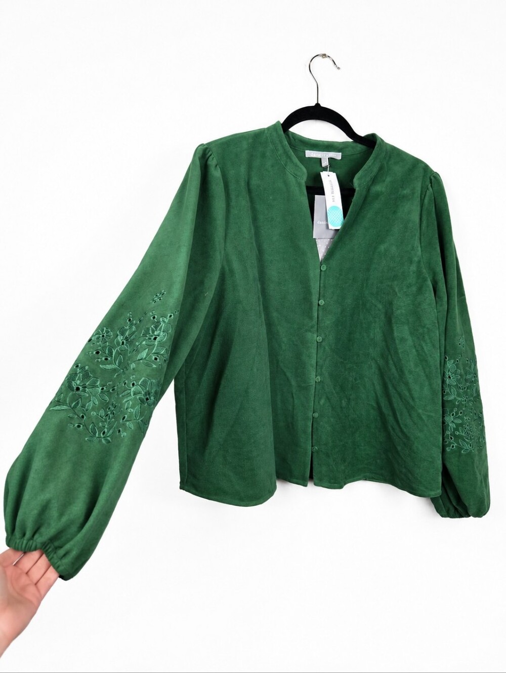 NWT Daniel Rainn XL Green Floral Embroidered Eyelet Balloon Sleeve Boho Blouse